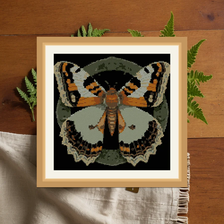 Moth Eaten Lace cross stitch pattern, stitched and framed